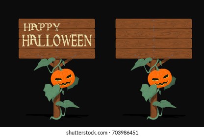 Isolated Halloween signpost with the pumpkin vine on black background
