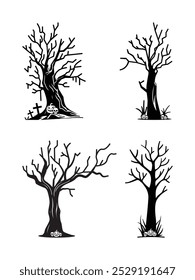 Aislado árbol de Halloween con calabazas y cráneo Ilustración vectorial plana