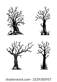 Aislado árbol de Halloween y cráneo Ilustración vectorial plana Set