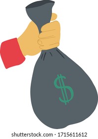 Isolated hand with a bag of money in cartoon style. The concept of profit, salary and money