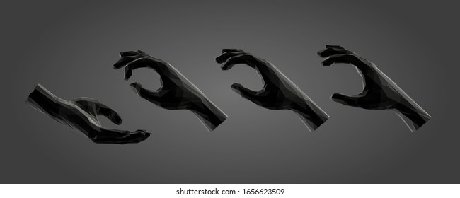 Isolated Hand in Black and White. Dark Set of Holding and Giving Hands. Low Poly Vector Greyscale Silhouette 3D Rendering