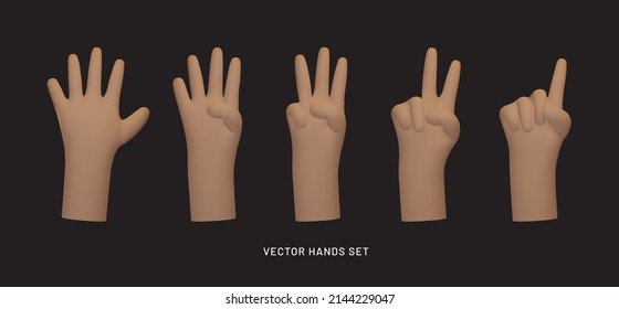 Einzige Handzählung von fünf zu eins. Cartoon-Set aus Palmen mit unterschiedlichen Fingerpositionen und -geturen. Vektorgrafik im 3D-Stil. 