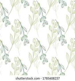 Diseño aislado de dibujos a mano con flores de ramo verde. Patrón sin brillo sobre fondo blanco. Fondo decorativo para el diseño de tejidos, impresión textil, envoltura, cubierta. Ilustración vectorial.