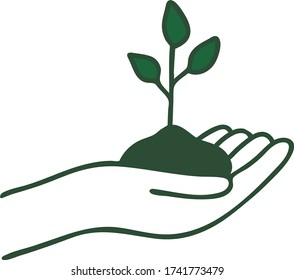 Dibujar a mano aislada un icono ecológico color brote verde con paz de la tierra en una mano.
