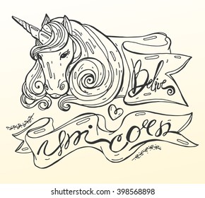  Isolated  hand draw sketch vector illustration in line art style of realistic unicorn in pink shades and frame  with hand draw calligraphy Belive and Unicorn.