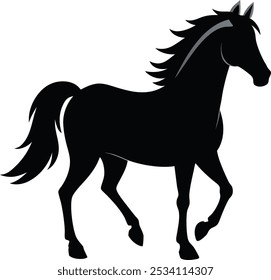 Dibujo a mano aislado, silueta de caballo negro sobre fondo blanco. el caballo se paró en sus patas traseras.