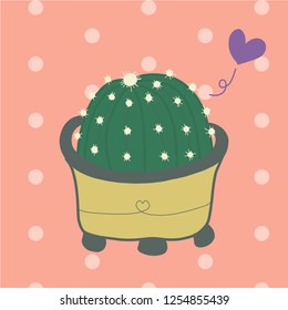 isolated hand drawing cute cactus with white polka dot and orange background 