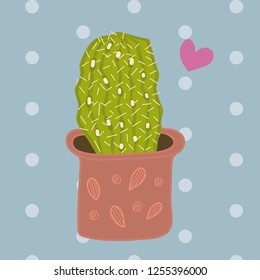 isolated hand drawing cute cactus with white polka dot and blue background vector