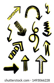Isolated hand drawn arrows set on a white background. Vector abstract black hand drawn arrows set