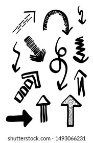 Isolated hand drawn arrows set on a white background. Vector abstract black hand drawn arrows set