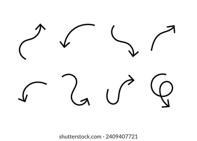 Einzeln handgezeichnet gezeichnete Pfeile auf weißem Hintergrund. Handgezeichneter Pfeil-Set, Sammlung von schwarzen Bildzeichen für Stift, Vektorgrafik-Design. 