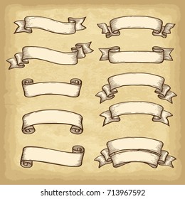 Isolated hand drawn banners set. Old paper texture background. Vintage style elements for your design works. Vector illustration.
