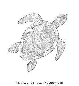 Isolated hand drawn black outline monochrome abstract ornate turtle on white background. Ornament of curve lines. Page of coloring book. 