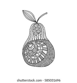 Isolated hand drawn black outline pear on white background. Ornament of curve lines.