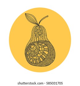 Isolated hand drawn black outline pear on yellow round background. Ornament of curve lines.
