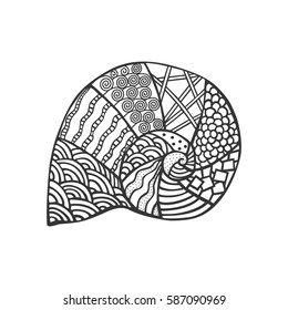 Isolated hand drawn black outline monochrome sea shell on white background. Ornament of curve lines.