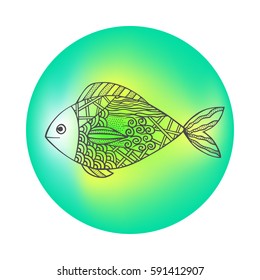 Isolated hand drawn black outline fish on colored round background. Ornament of curve lines.
