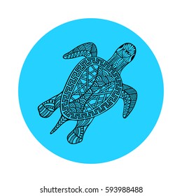 Isolated hand drawn black outline turtle on blue round background. Ornament of curve lines.