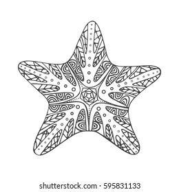 Isolated hand drawn black outline starfish on white background. Star ornament of curve lines.
