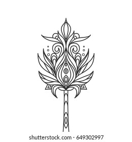 Isolated hand drawn black outline monochrome ornate flower on white background. Abstract ornament of curve lines.