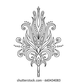 Isolated hand drawn black outline monochrome abstract ornate flower on white background. Ornament of curve lines.
