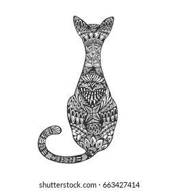 Isolated hand drawn black outline monochrome abstract ornate back of cat on white background. Ornament of curve lines. Page of coloring book.