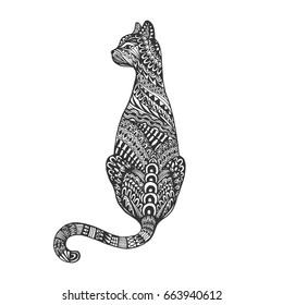 Isolated hand drawn black outline monochrome abstract ornate back of cat on white background. Ornament of curve lines. Page of coloring book.
