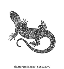 Isolated hand drawn black outline monochrome abstract ornate lizard on white background. Ornament of curve lines. Page of coloring book.