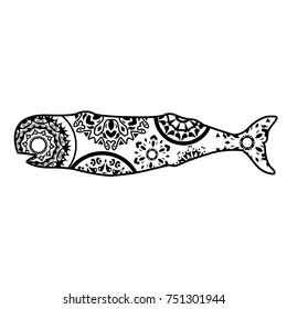 Isolated hand drawn black outline monochrome abstract decorated sperm whale on a white background. The pattern of curved lines. The coloring page. Side view of the whale.