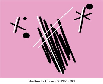 Isolated hand drawn black and white vector graphic element on millennial pink background, sketchy texture scribble with ‘x’es and dots, filler for social graphics, patterns, doodle accents, stickers