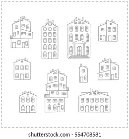 Isolated hand drawn building contours set for your design. Vector graphics.