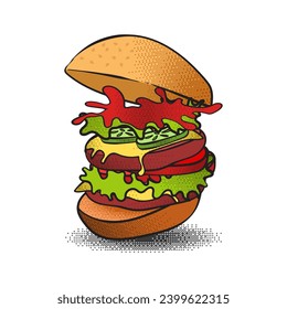 Burger dibujado a mano aislado con efecto de arte de píxeles y sombra de estilo de mapa de bits. Gráfico de ilustración vectorial.