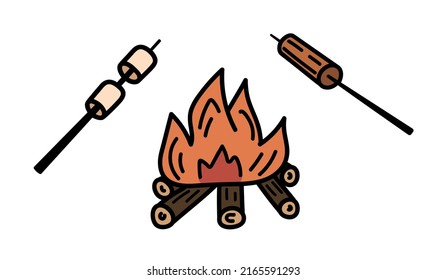 Isolated Hand Drawn Campfire And Marshmallow. Doodle Cute Vector Stickers For Camping, Hiking.