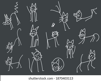 Isolated hand drawn cat sitting, standing, stretching, liying, sleeping. Flat scandinavian illustration set of cats  in different poses. Doodle design. Simple contour graphics.