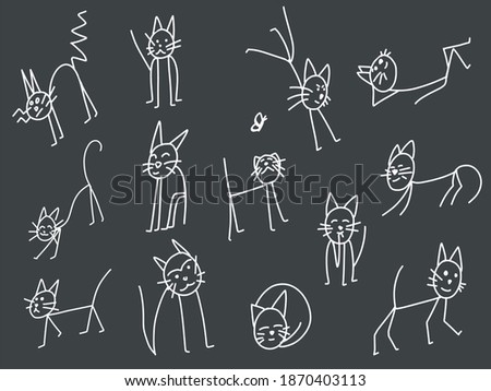 Isolated hand drawn cat sitting, standing, stretching, liying, sleeping. Flat scandinavian illustration set of cats  in different poses. Doodle design. Simple contour graphics.