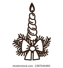 Isolated hand drawn doodle candle with pine branch and bow. Flat vector illustration on white background. New Year, Merry Christmas. For card, invitation, poster, banner.