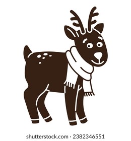 El doodle dibujado a mano aislado adorable de los nuevos años venado en una bufanda. Ilustración vectorial plana sobre fondo blanco. Año Nuevo, Feliz Navidad. Para tarjeta, invitación, afiche, pancarta.