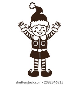 Isolated hand drawn doodle cute smiling elf. Flat vector illustration on white background. New Year, Merry Christmas. For card, invitation, poster, banner.