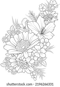  isolated hand drawn doodle flower zentangle pencil sketch vector illustration botanical collection leaf branch of flower buds bouquet of floral black and whit ink art adult coloring page and books