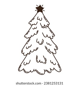 Árbol de navidad de línea de doodle aislado a mano con estrella. Ilustración vectorial plana sobre fondo blanco. Año Nuevo, Feliz Navidad. Para tarjeta, invitación, afiche, pancarta.