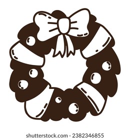 Isolated hand drawn doodle round christmas wreath with bow and balls. Flat vector illustration on white background. New Year, Merry Christmas. For card, invitation, poster, banner.