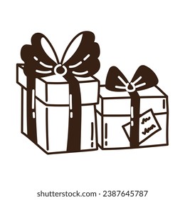 Isolated hand drawn doodle two gift boxes with bows. Flat vector illustration on white background. New Year, Merry Christmas. For card, invitation, poster, banner.