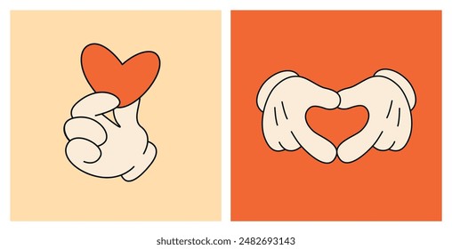 Isolated hand drawn elements of a hand in a retro groove style holding a red heart, hands folded in the shape of a heart. Set of square posters. Vector illustration EPS10