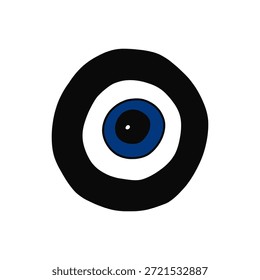 Einzeln handgezeichnet böse Augenperlen Symbol. Blaue, schwarze und weiße traditionelle Nazar-Amulett-Ikone für Schutz, viel Glück und spirituelle Dekoration. Minimalistische Illustration eines ethnischen Talismans.