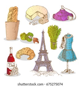 Isolated hand drawn french symbols set with various french food wine clothes and eiffel tower flat vector illustration