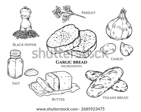 Isolated hand drawn garlic bread recipe and ingredients outline drawing illustration