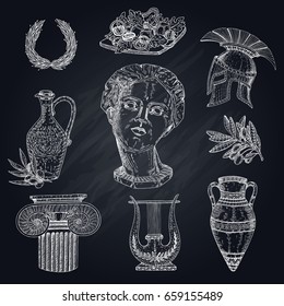 Isolated hand drawn greece icon set with isolated images of antique statues olive branch and amphora vector illustration