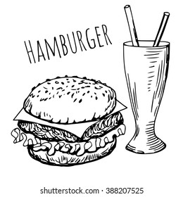 Isolated hand drawn hamburger with drink