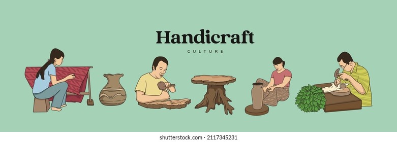 Isolated Hand drawn Handicraft traditional culture. Sculpture, Pottery and Puppet craftsman