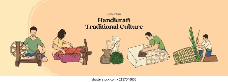 La cultura tradicional de la artesanía se dibujó a mano aislada. Weaver, artesano de Bamboo y Batik